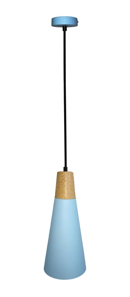 Suspension bleue vue de face sur fond blanc, cône et haut en bois clair
