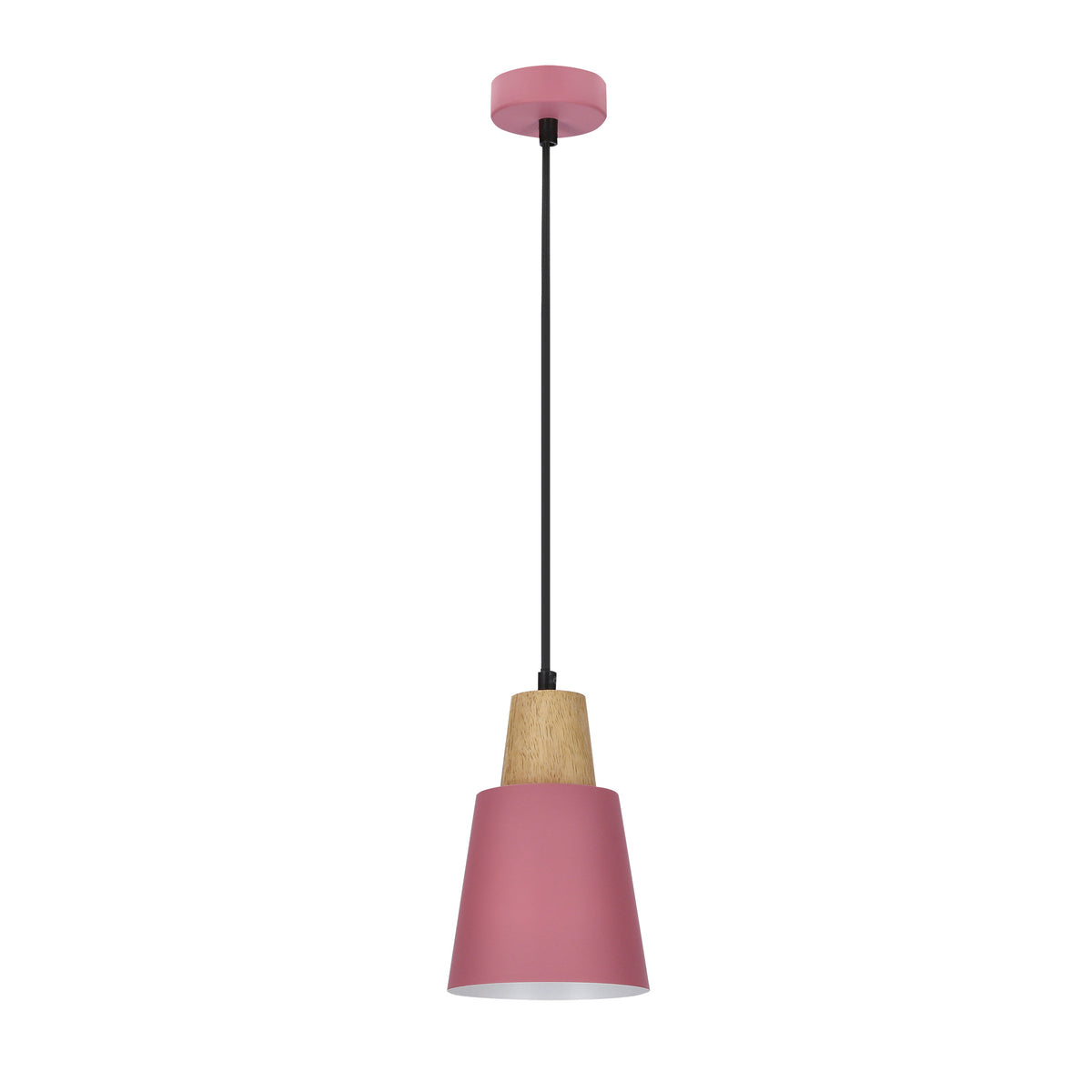 Suspension rose poudré sur fond blanc, abat-jour conique et haut en bois clair
