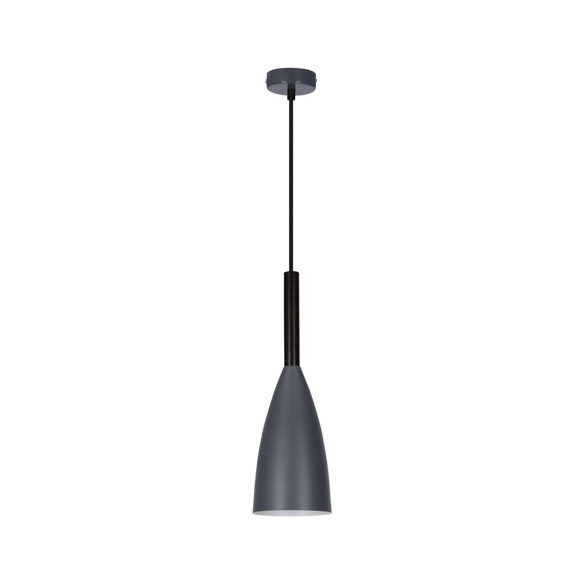 Vue de face de la suspension grise avec câble noir et détail en bois