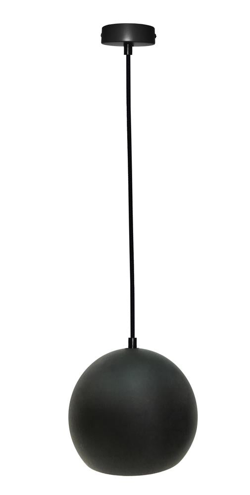 Suspension noire vue de face, grosse boule mate suspendue à un câble fin