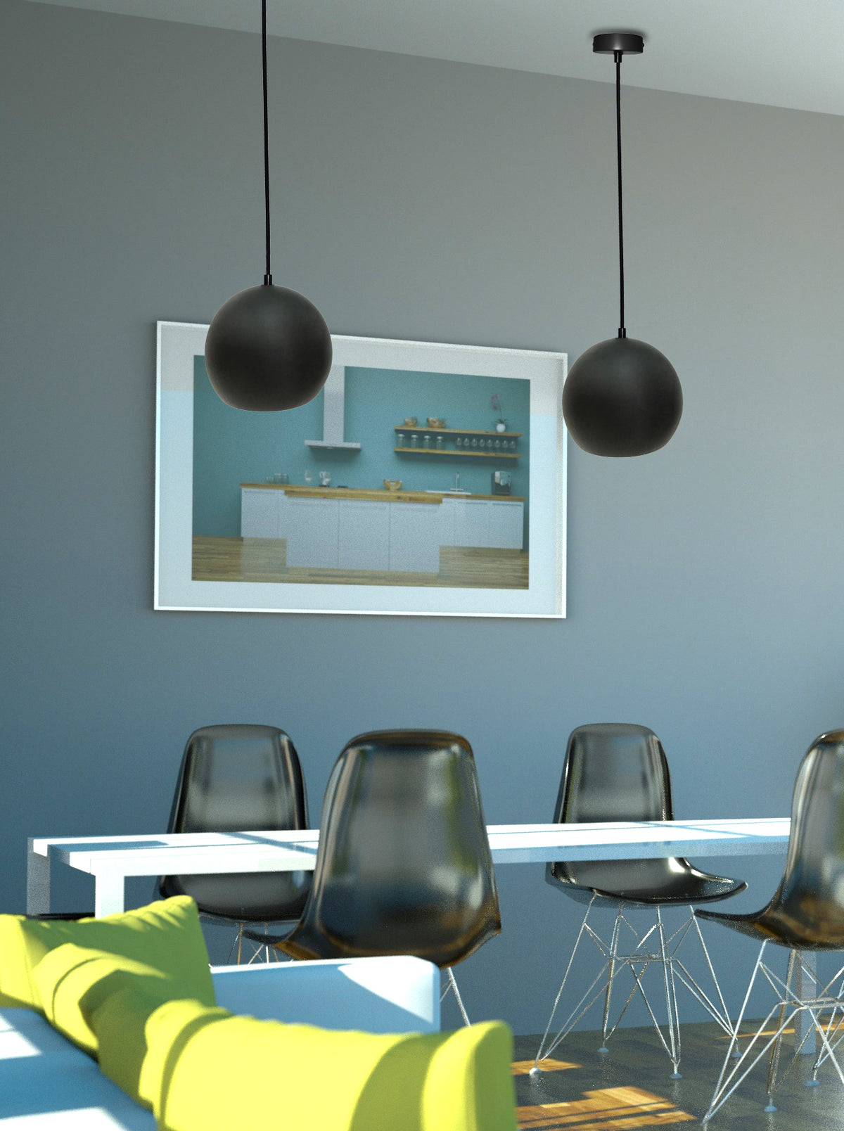 Ambiance intérieure montrant la suspension sphérique noire dans un séjour contemporain