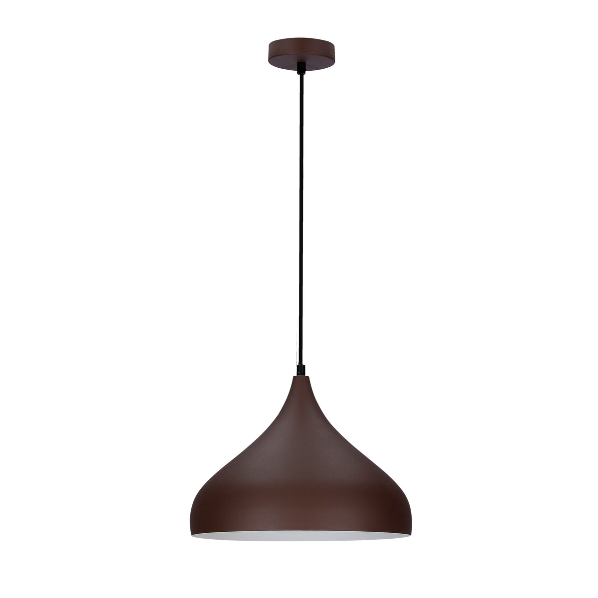 Suspension marron de face sur fond blanc, forme bombée et câble noir.