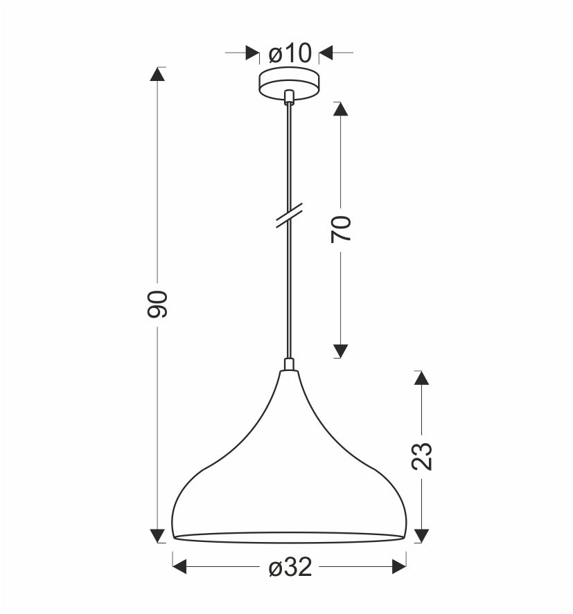 Schéma coté de la suspension : diamètre 32 cm, hauteur 23 cm, câble réglable.