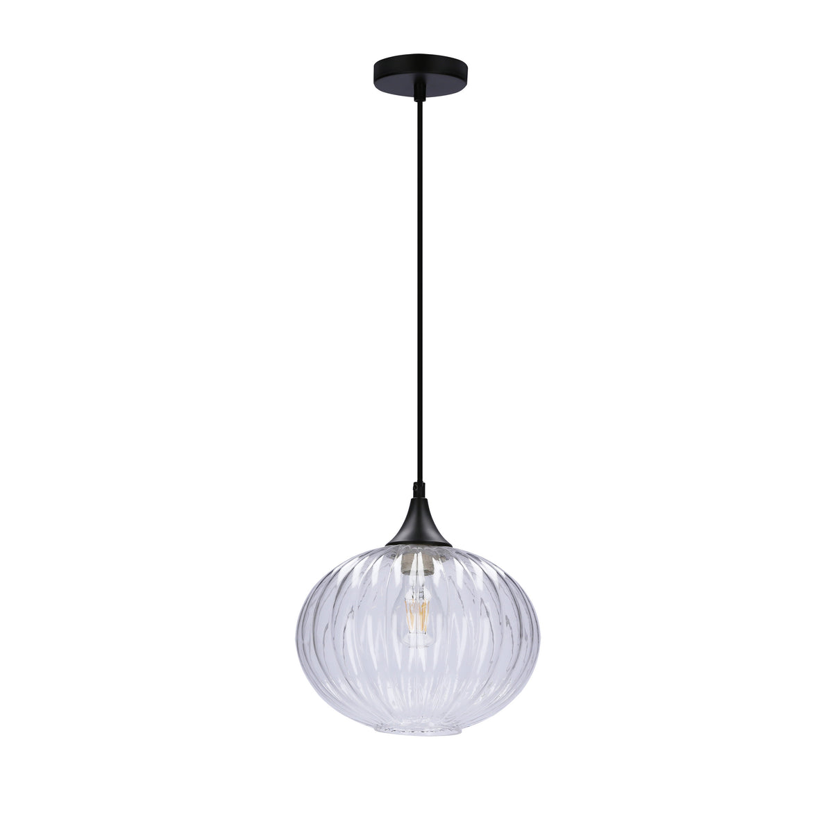 Suspension en verre transparent strié et métal noir présentée sur fond blanc