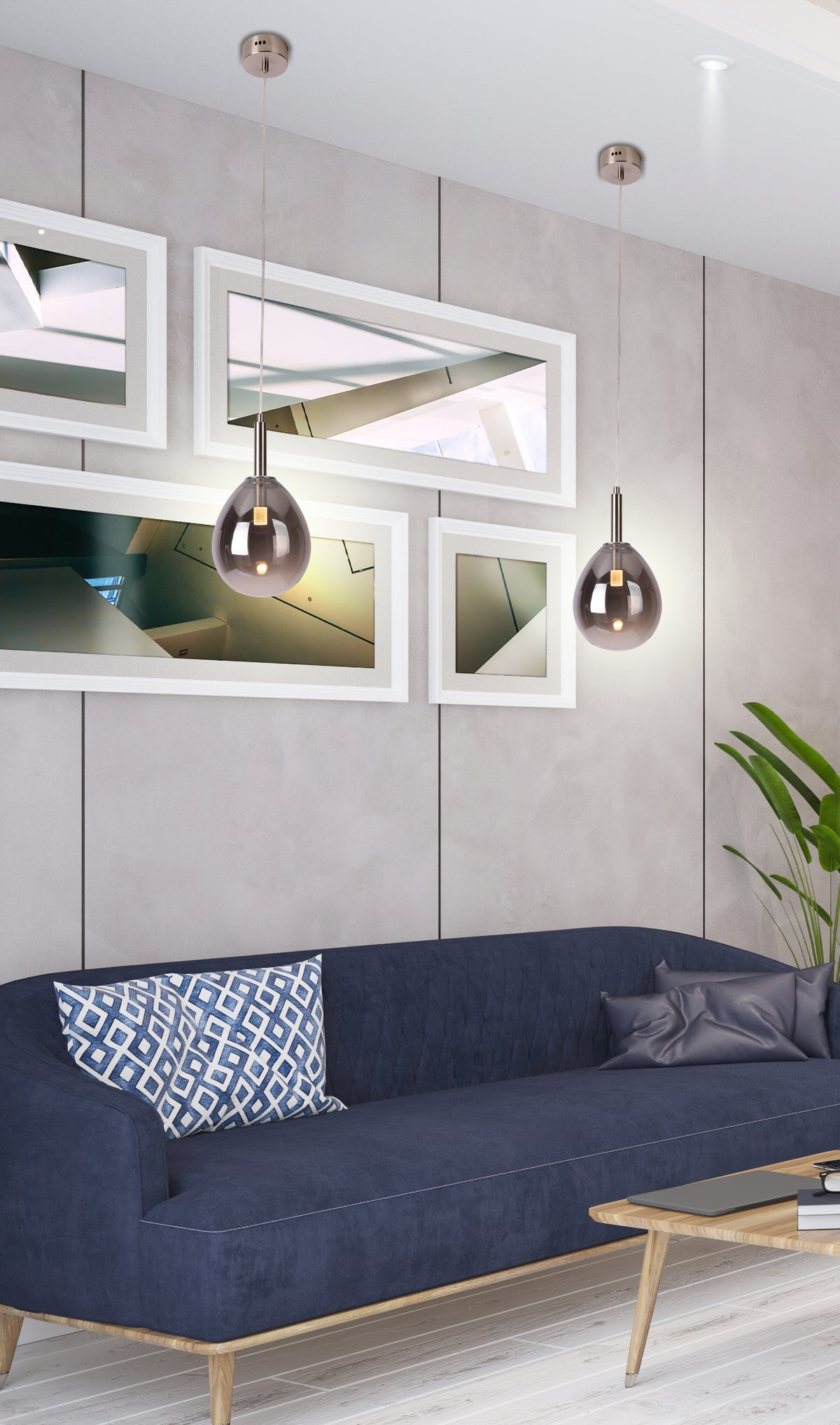 Mise en ambiance du salon avec les deux luminaires suspendus et la lumière chaude