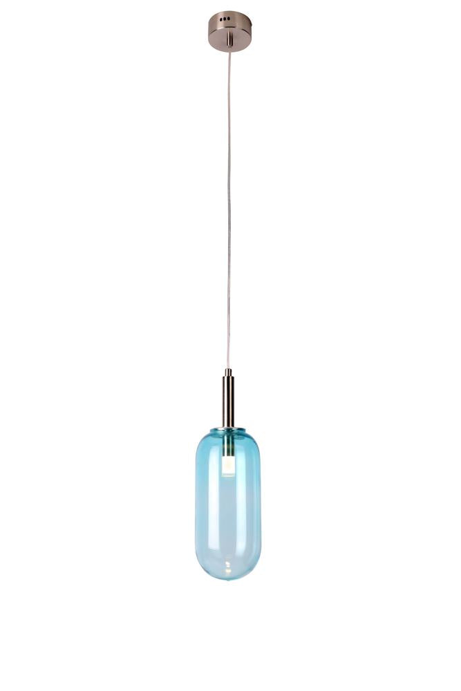 Suspension bleue en verre cylindrique sur fond blanc, vue de face.