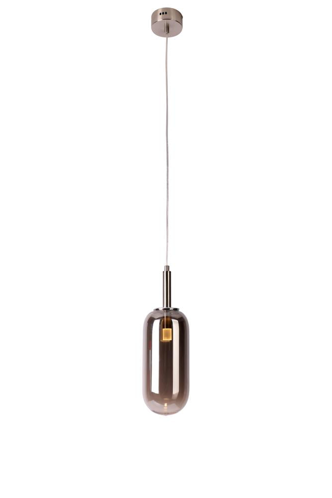 Suspension seule sur fond blanc, verre fumé cylindrique et douille chromée