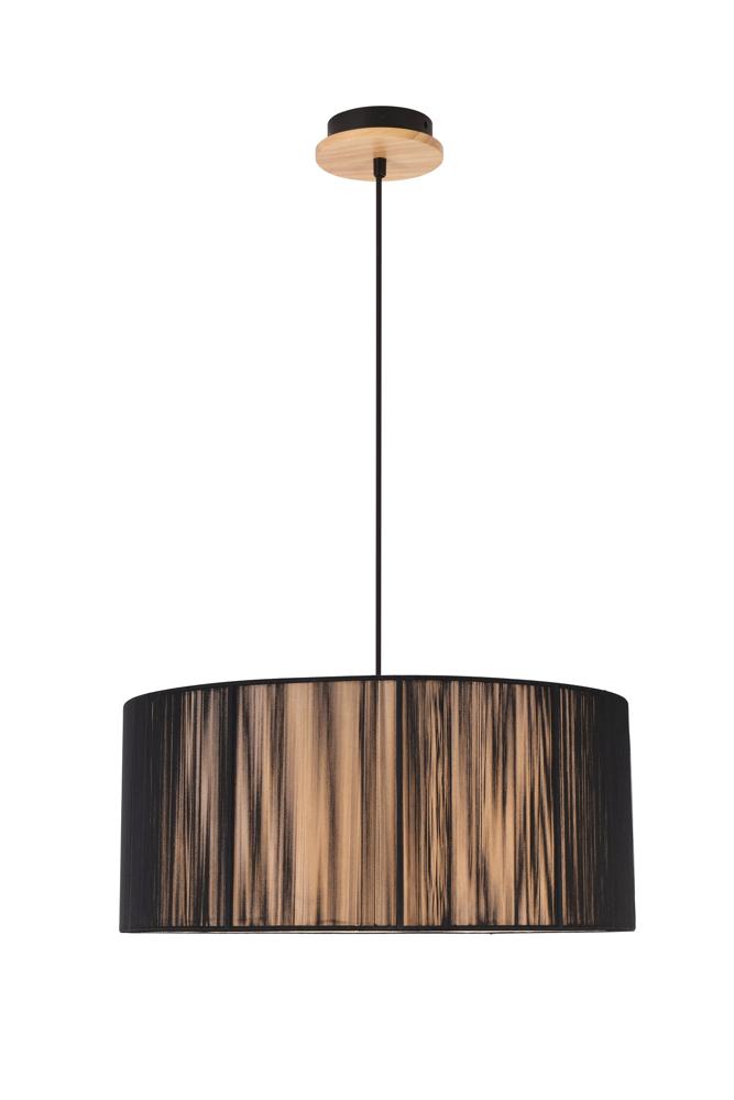 Vue de face du luminaire sur fond blanc, abat-jour tambour en bois noir et clair.