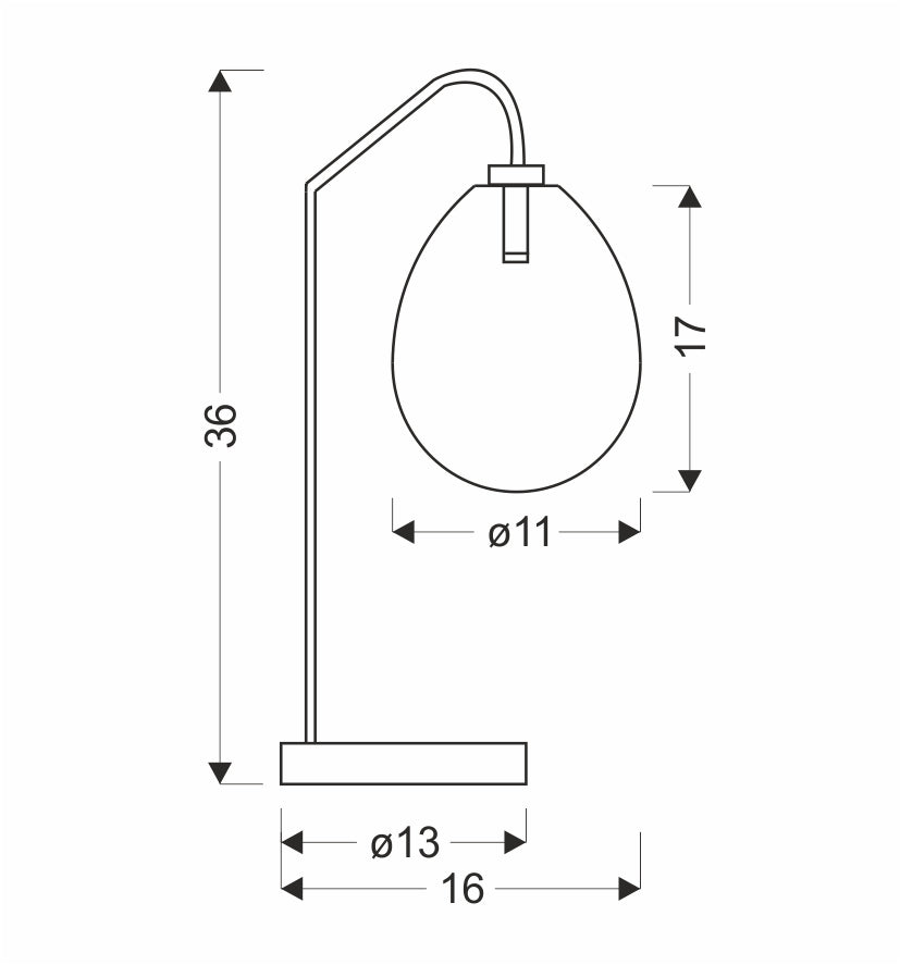 Schéma de dimensions cotées : hauteur 36 cm, abat-jour 17 cm, socle 13 cm