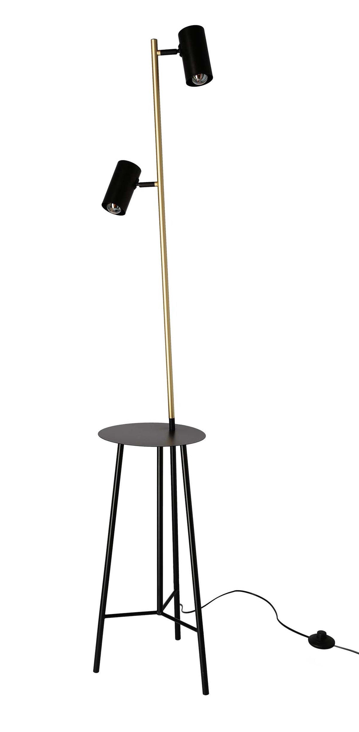 Lampadaire noir et doré avec deux spots orientables et tablette ronde, fond blanc
