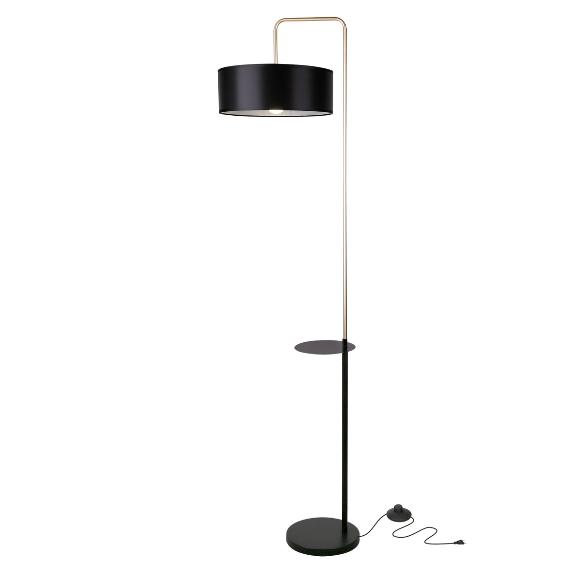 Lampadaire noir et doré vu de face, abat-jour cylindrique et tablette ronde