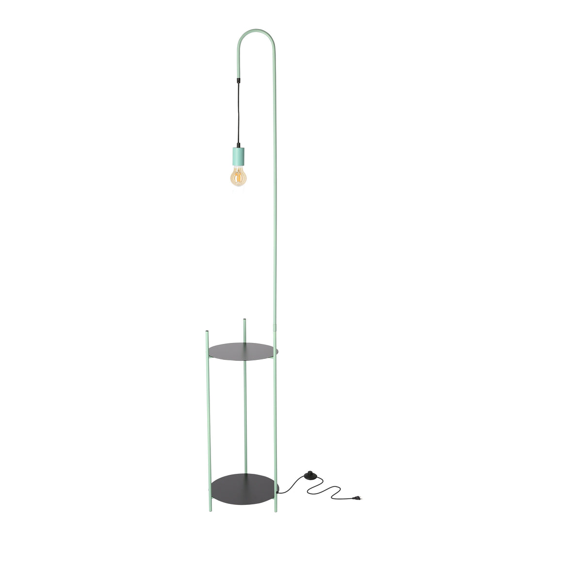 Vue d'ensemble du lampadaire à poser, câble d'alimentation noir et prise au sol