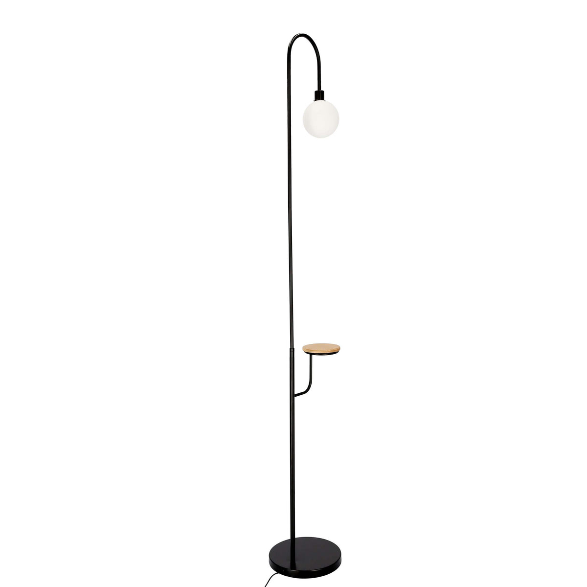 Vue produit de face : structure métallique noire arquée, boule lumineuse et petite tablette ronde en bois.