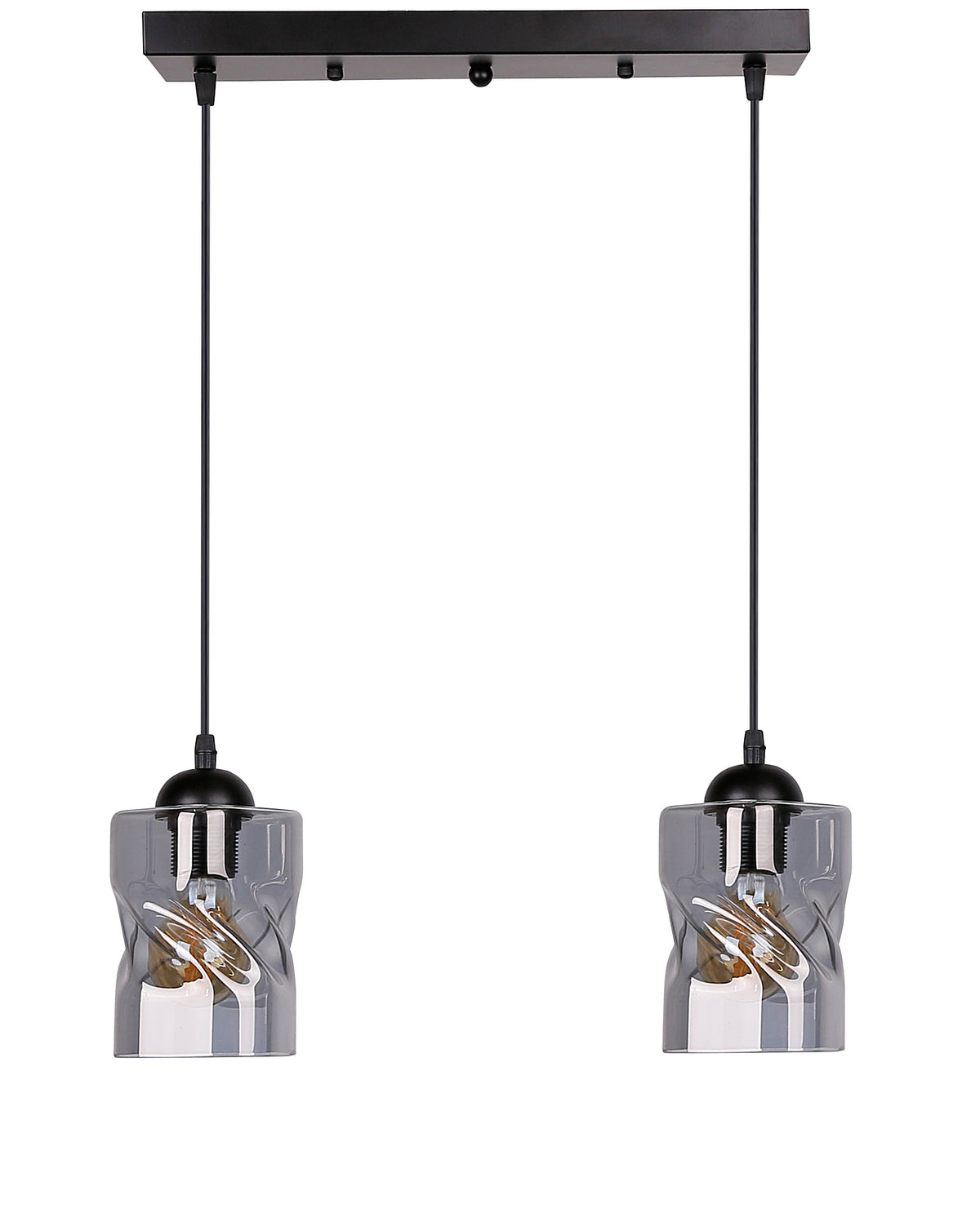 Suspension deux lumières noire vue de face avec verres fumés et ampoules visibles