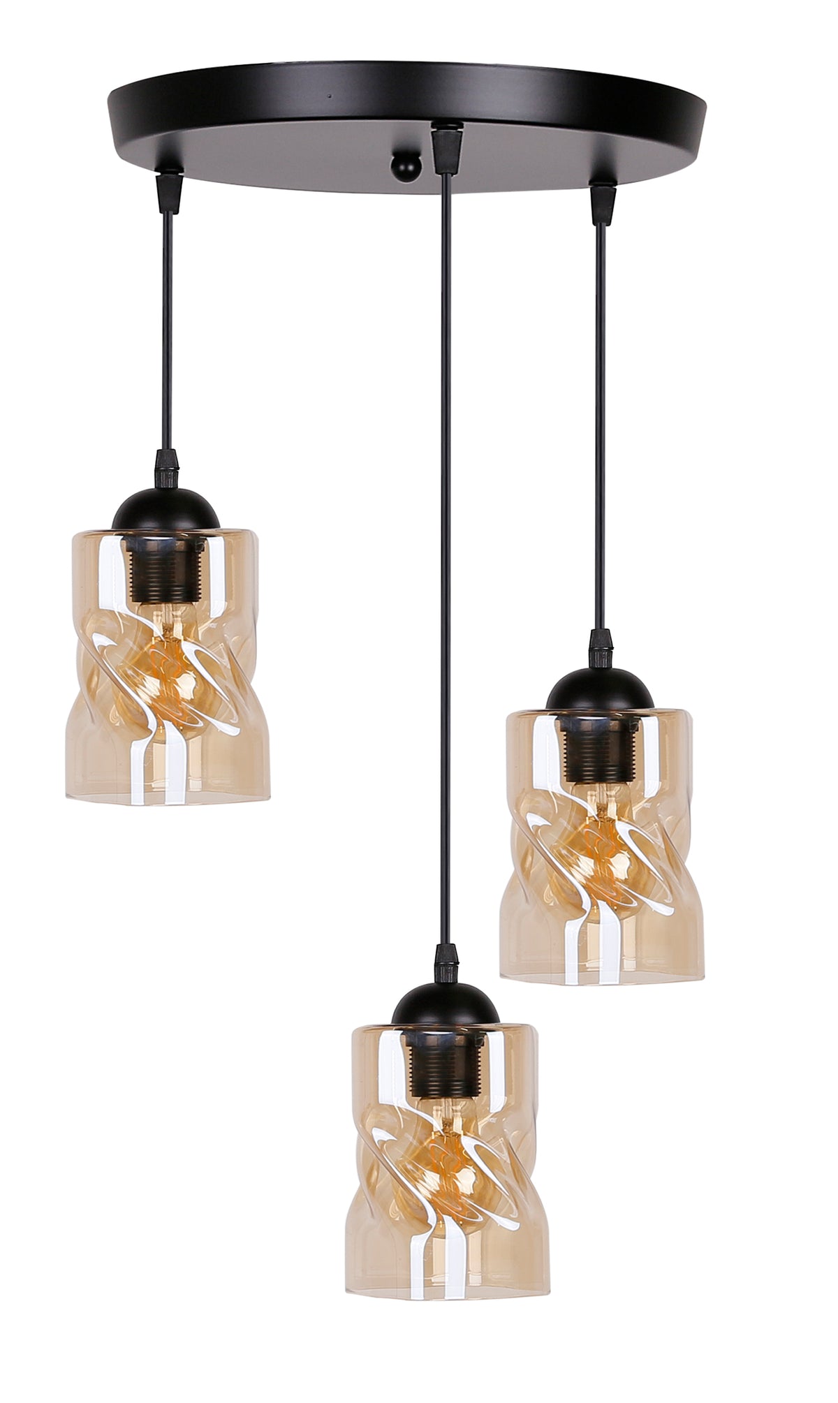 Suspension noire trois lumières, verres ambrés ondulés, fond blanc neutre