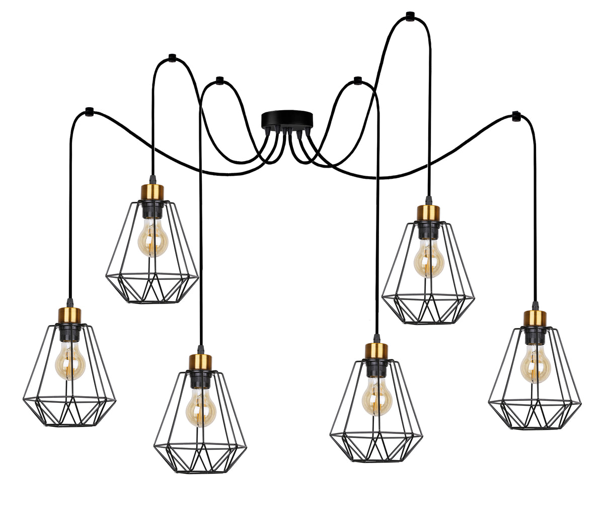 Vue de face du luminaire à six cages métalliques noires et douilles dorées.