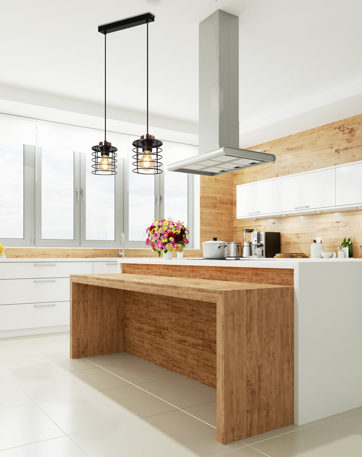 Mise en ambiance du luminaire suspendu au-dessus d'un îlot de cuisine bois et blanc