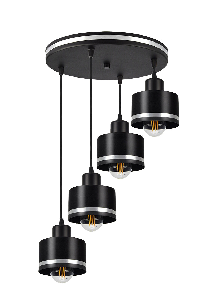 Suspension quatre lumières vue de face, abat-jours cylindriques noirs à liseré argenté