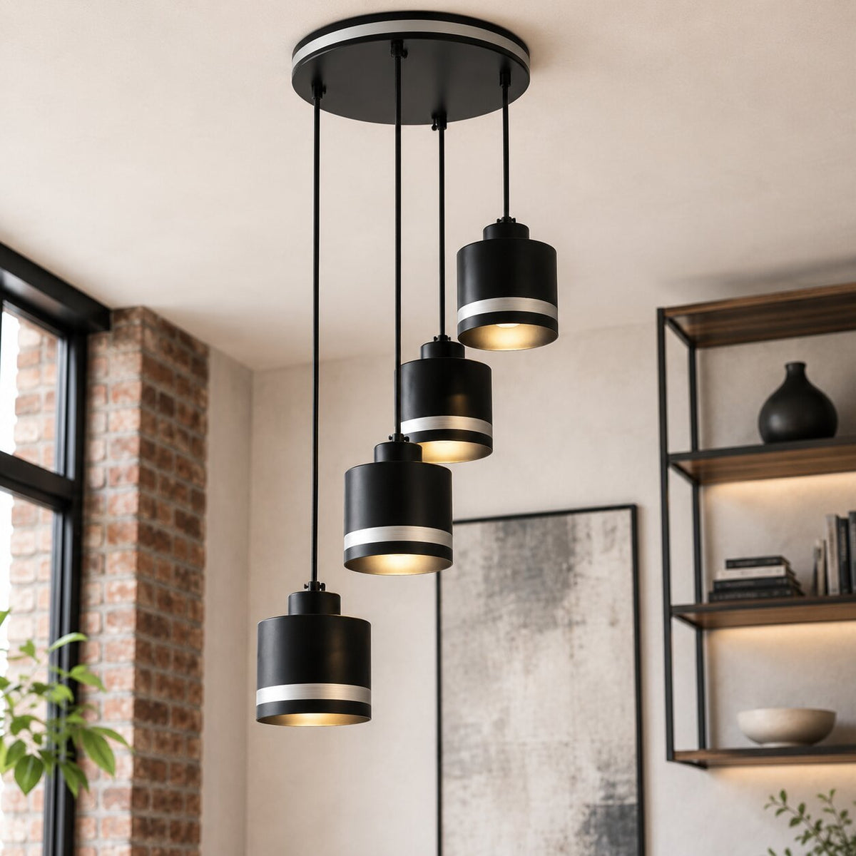 Mise en ambiance du luminaire suspendu dans un salon, mur de briques et étagères