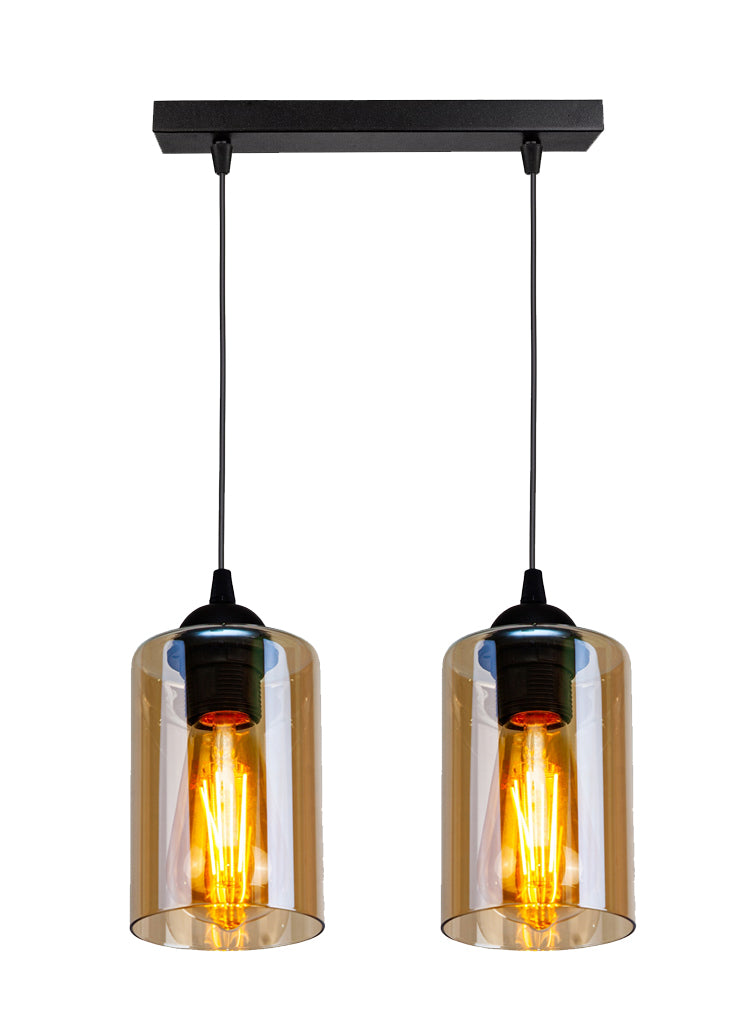 Suspension deux lumières vue de face, abat-jours cylindriques en verre ambré et ampoules visibles