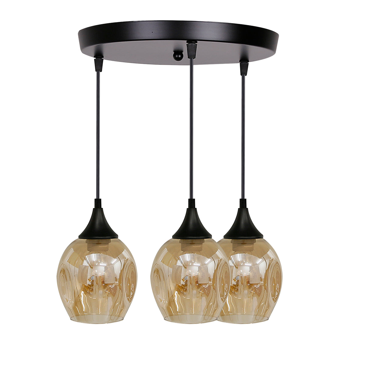 Suspension noire trois lumières verre ambré, vue de face sur fond blanc.