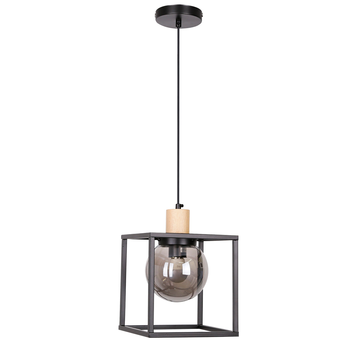 Suspension noire au cadre cubique en métal et globe en verre fumé, suspendue sur fond blanc