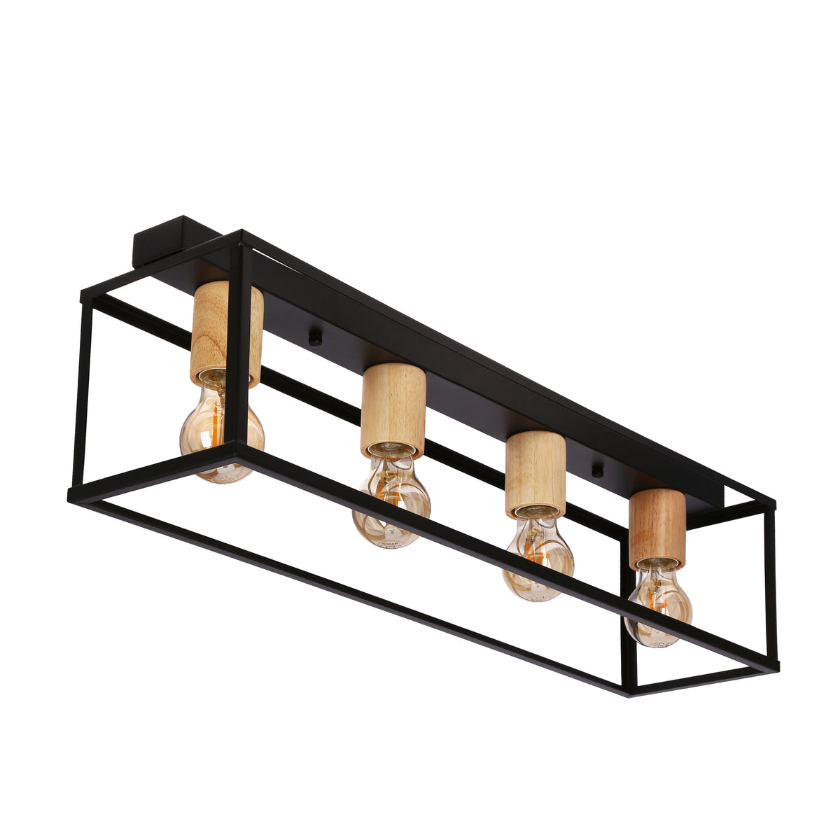 Vue de trois quarts du plafonnier noir à quatre ampoules, douilles en bois et structure métallique.