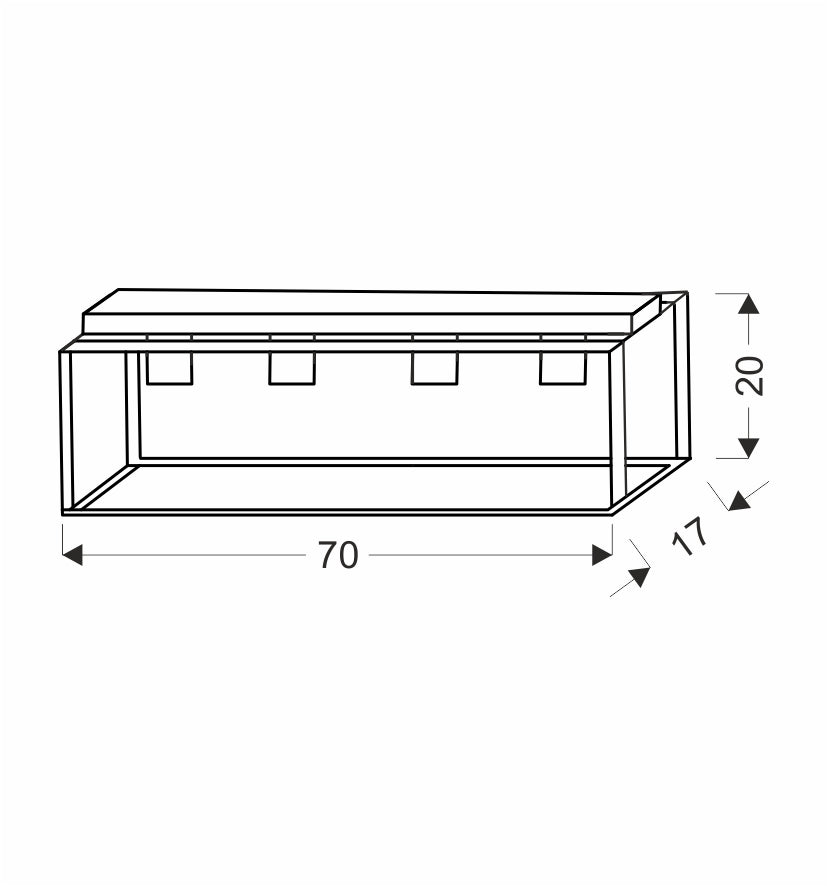 Schéma coté : 70 cm de long, 17 cm de large, 20 cm de haut.