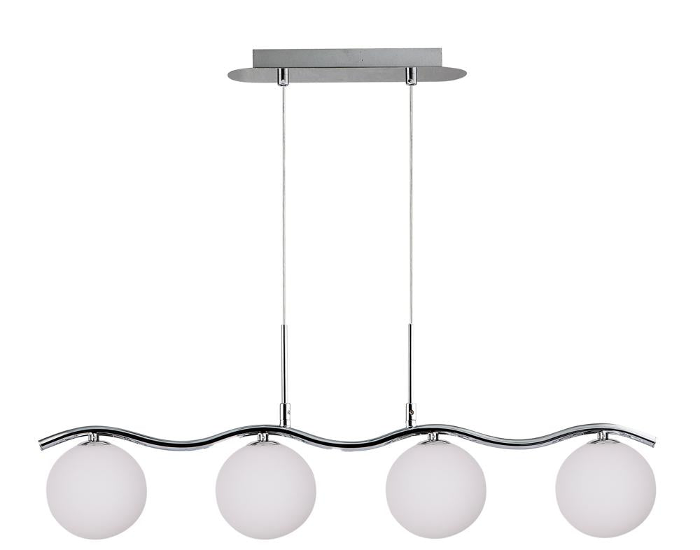 Vue de face du luminaire suspendu avec quatre globes en verre blanc et structure chromée ondulée.