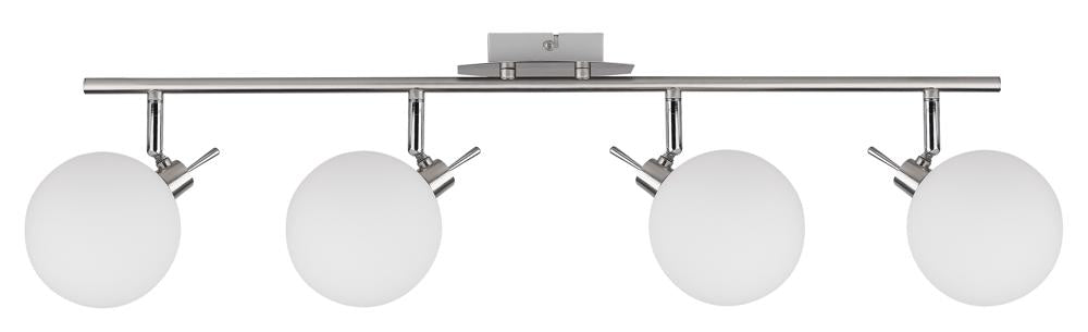 Plafonnier de face sur fond blanc, quatre globes opalines fixés sur rail chromé