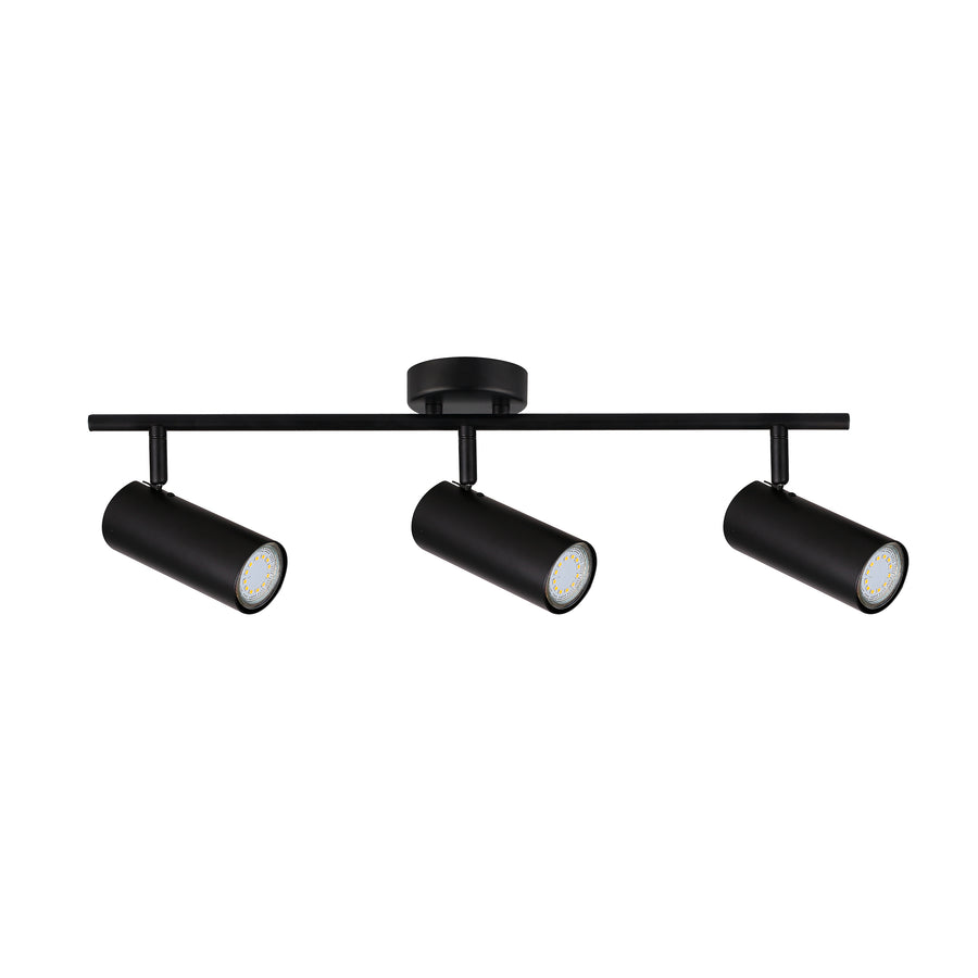 Version noire du plafonnier trois spots cylindriques, barre fine et finition mate