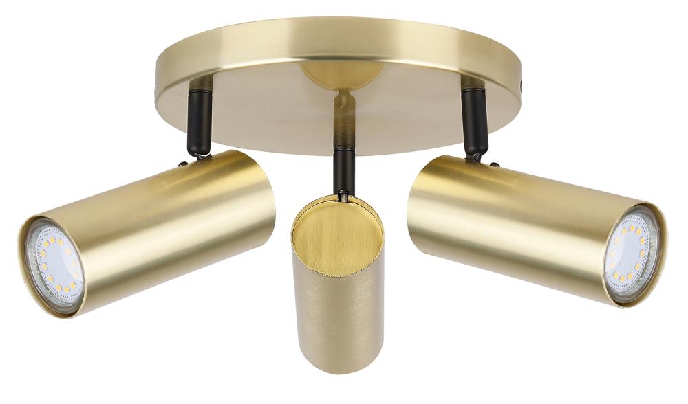 Plafonnier trois spots orientables en laiton brossé, vue de face sur fond blanc