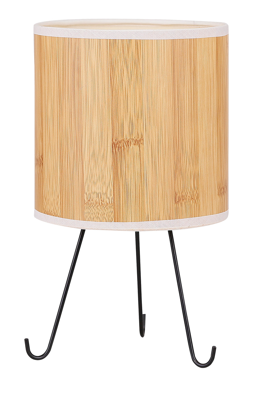 Lampe à poser vue de face, abat-jour cylindrique en bambou naturel et trois pieds noirs recourbés.