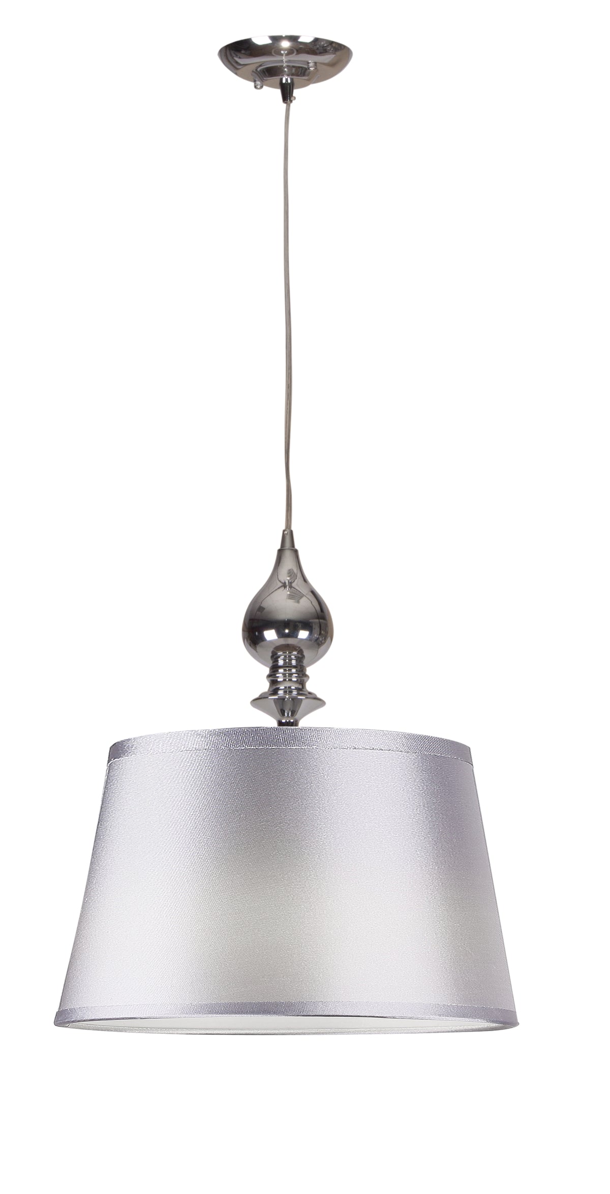 Suspension argentée sur fond blanc, abat-jour en tissu et câble fin