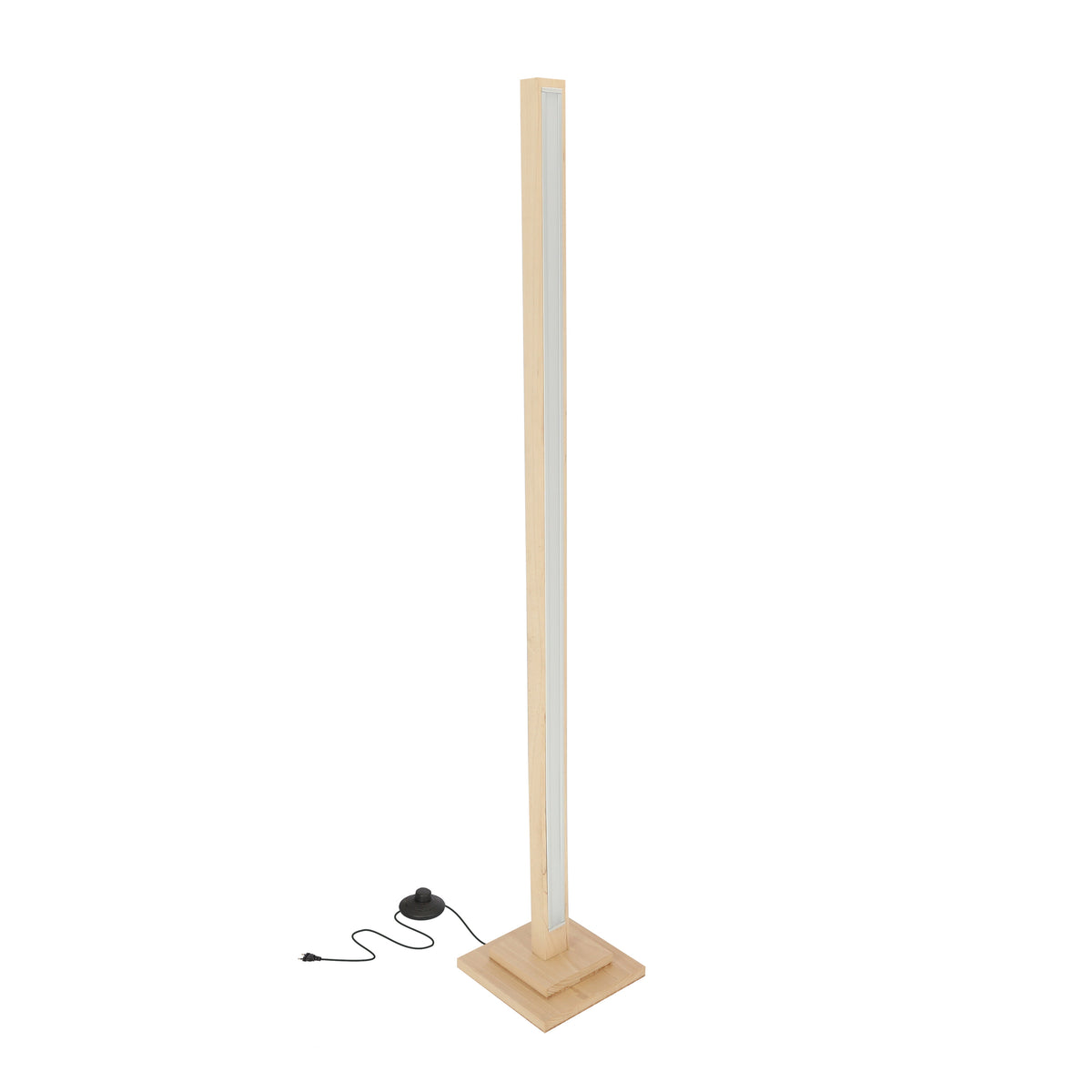 Lampadaire en bois clair vu de face, colonne carrée et bandeau LED argenté