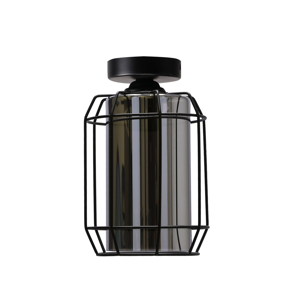 Vue rapprochée du plafonnier montrant la cage noire et le cylindre en verre fumé