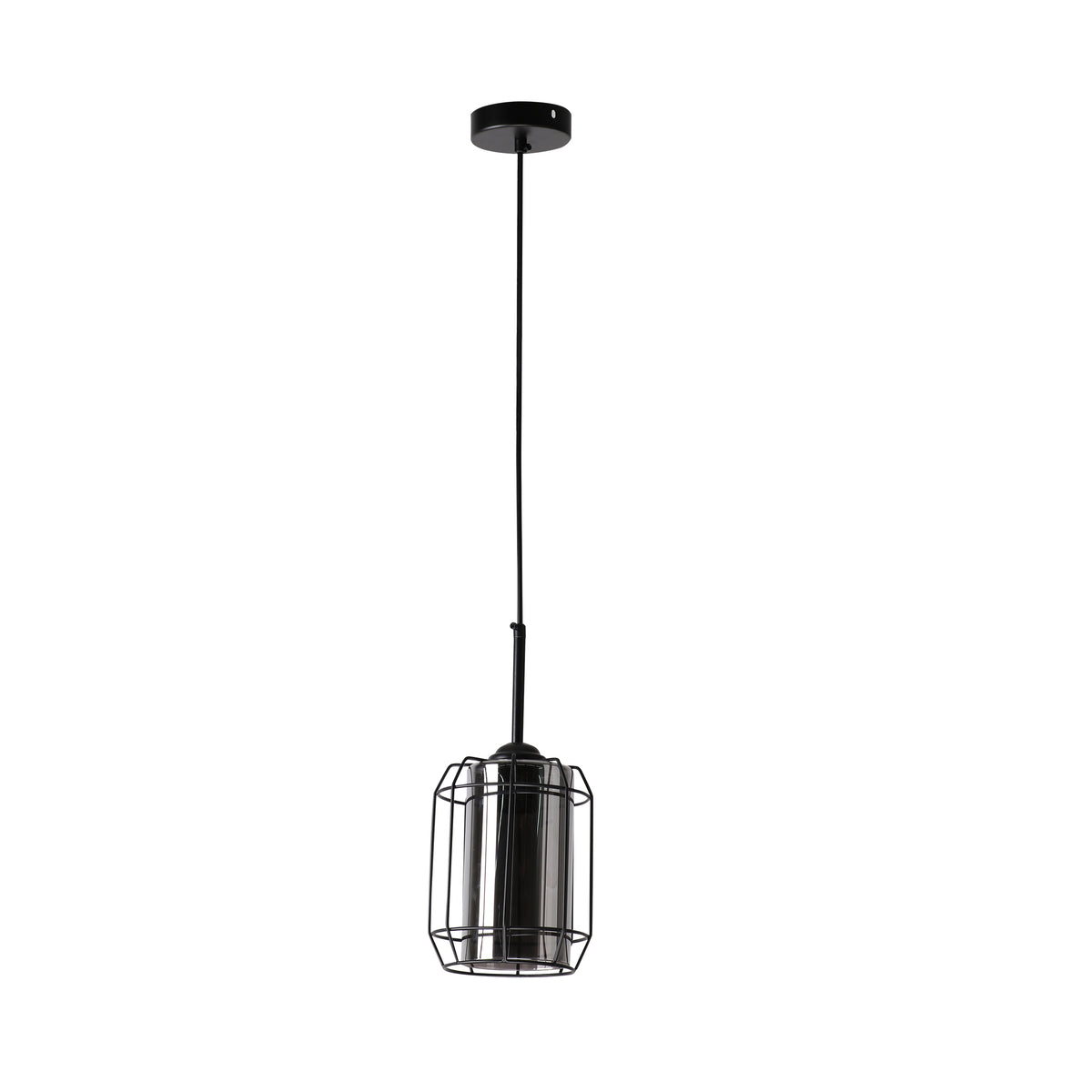 Suspension noire vue de face, cage métallique et verre cylindrique transparent