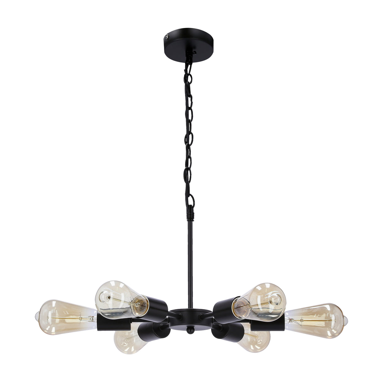 Suspension noire à six bras avec ampoules apparentes et chaîne, vue de face.
