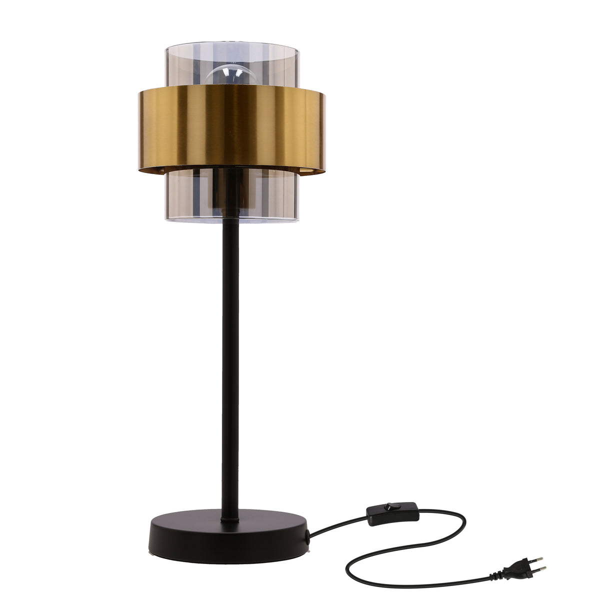 Lampe à poser vue de face, éteinte, avec base noire, câble et interrupteur visibles.