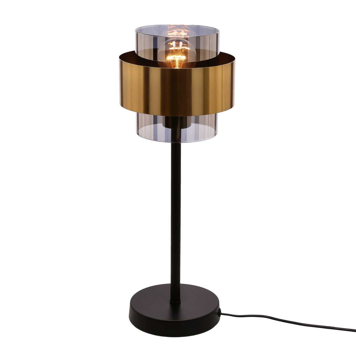 Vue trois quarts légèrement en hauteur, lampe allumée sur fond blanc neutre.