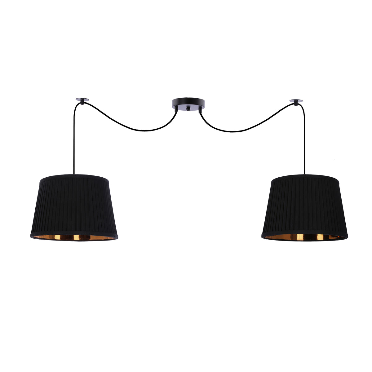 Vue d'ensemble de la suspension double noire avec deux abat-jours en tissu plissé.
