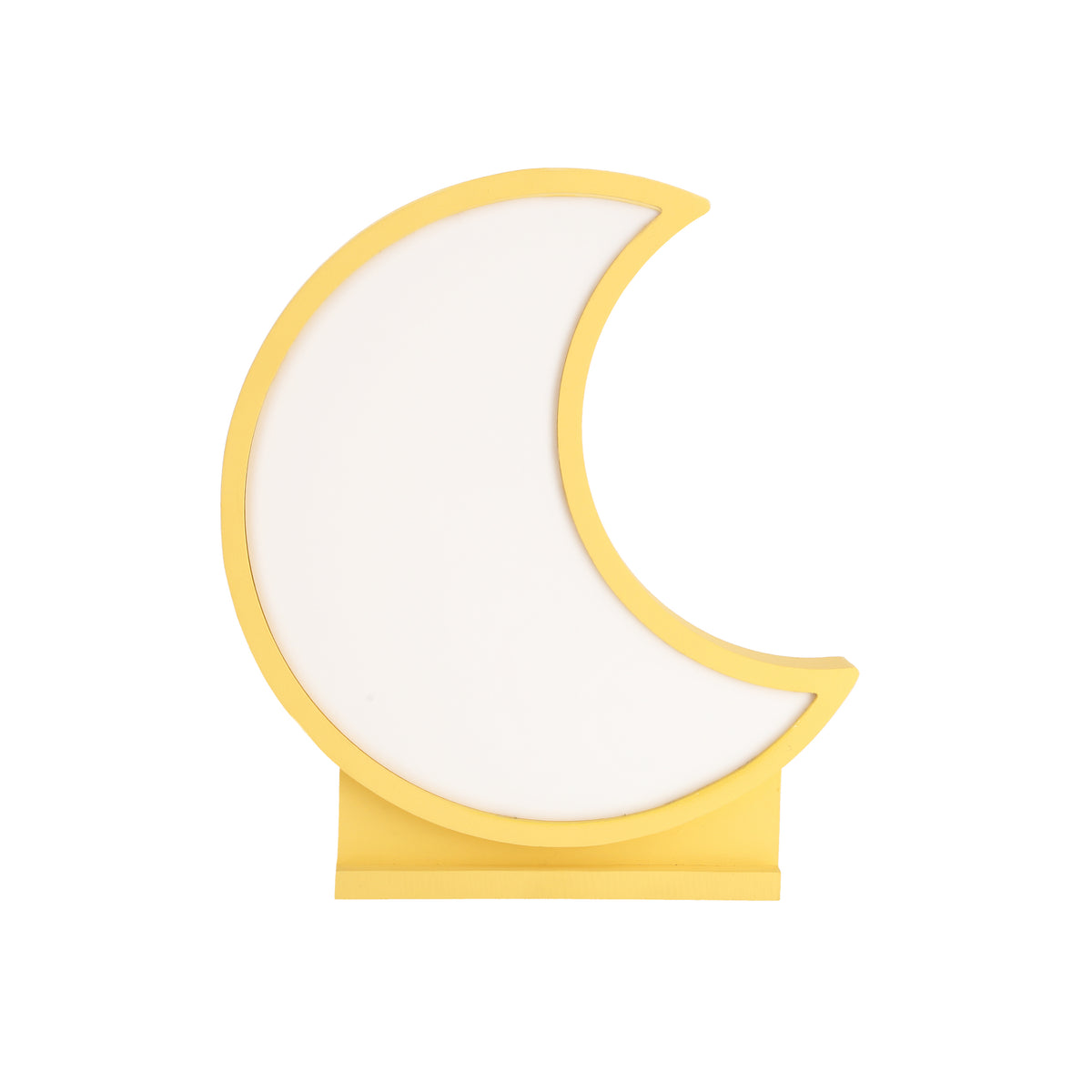 Lampe lune jaune vue de face, diffuseur blanc et socle jaune.