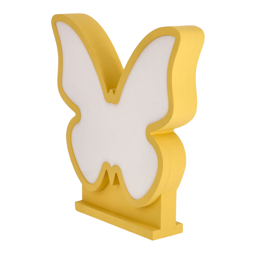 Profil du luminaire papillon, socle rectangulaire et bordure jaune en relief