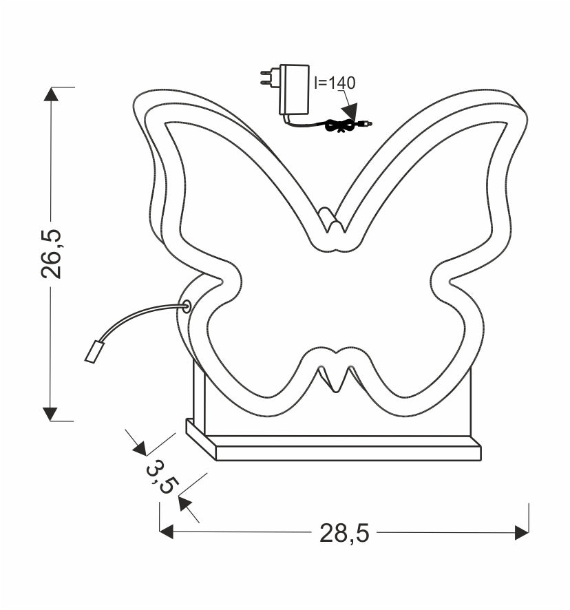 Schéma coté du luminaire papillon avec dimensions, socle et bloc secteur