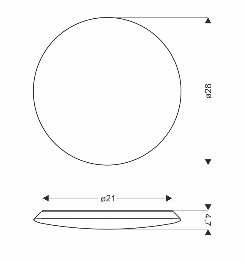 Schéma coté du plafonnier rond avec diamètre 28 cm et hauteur