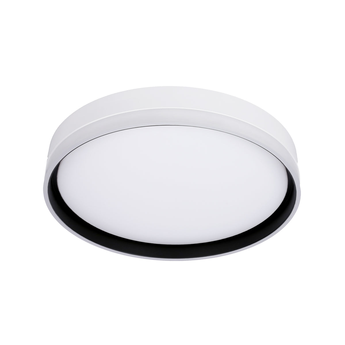 Vue de trois quarts du plafonnier rond avec diffuseur blanc et anneau noir
