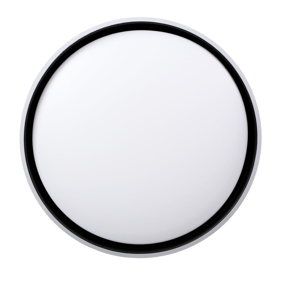 Vue de face du luminaire rond à diffuseur blanc et cerclage noir