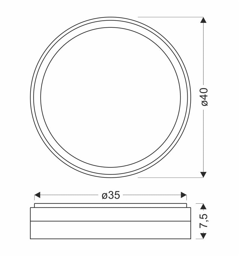 Schéma technique du plafonnier rond avec diamètre quarante centimètres et épaisseur sept virgule cinq