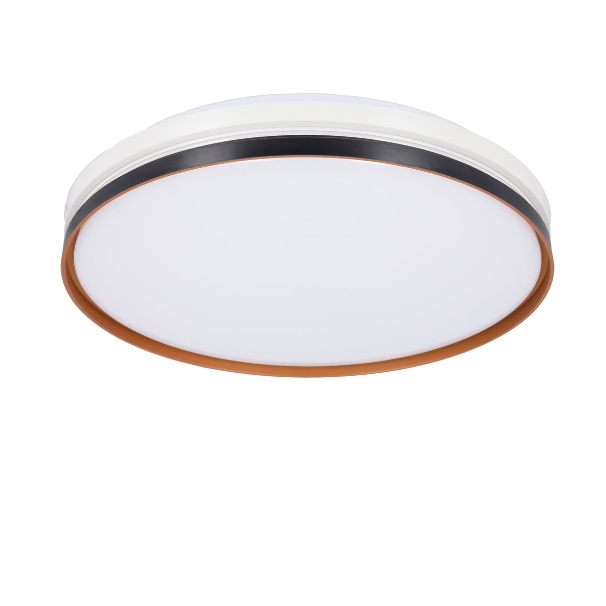 Plafonnier rond vu de biais, corps blanc, anneau noir et cerclage doré