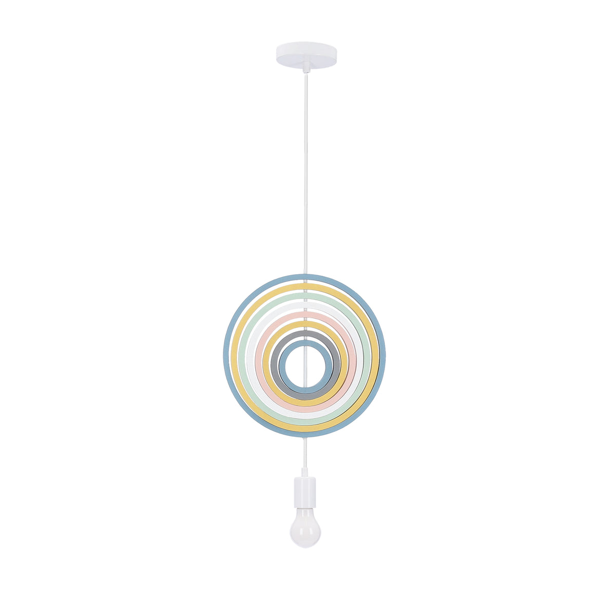 Suspension blanche vue de face avec ses anneaux concentriques pastel et son ampoule